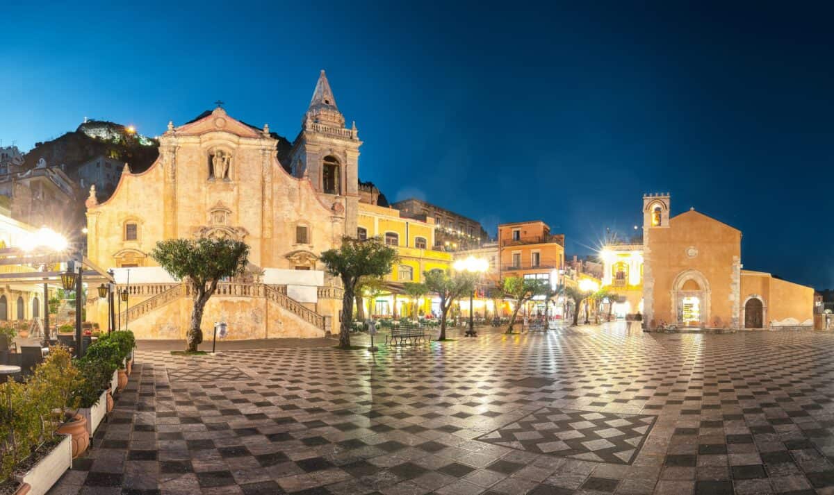 Belvedere of Taormina and San Giuseppe church on the square Piazza IX Aprile in Taormina