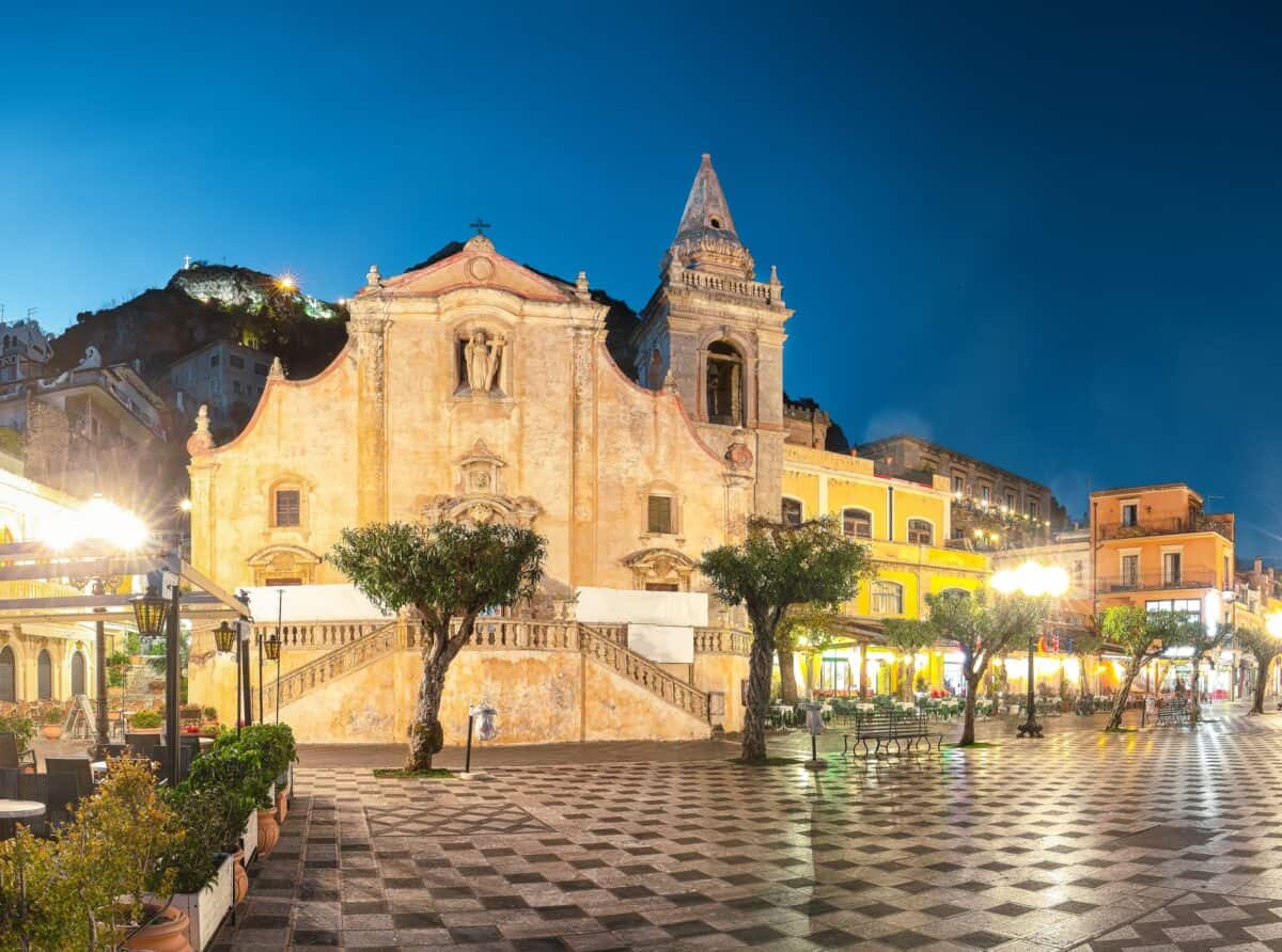 Belvedere of Taormina and San Giuseppe church on the square Piazza IX Aprile in Taormina