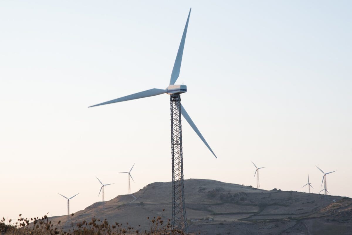 Wind turbines on mountain, Castelsardo, Sardinia, Italy
