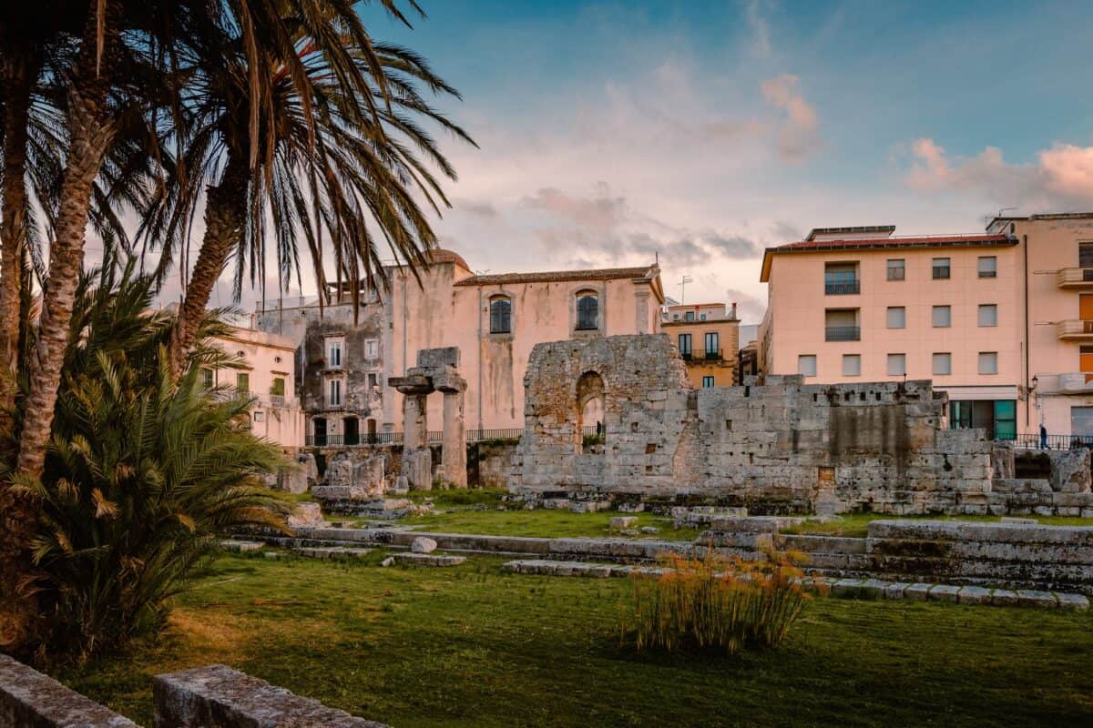 Temple of Apollo in the centre of Ortigia, Syracuse at sunset