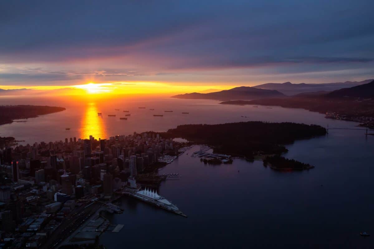 Aerial Cityscape of Vancouver Downtown. Modern City at Golden Sunset